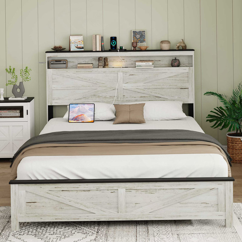 Base de lit entièrement flottante avec lumières DEL et base de lit plateforme de coussin de charge, grand lit, avec tête de lit et espace de rangement caché, pas besoin de sommiers, blanc
