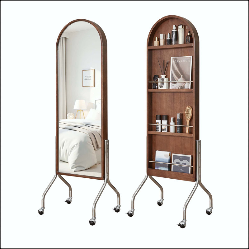 Arched Full Length Mirror with Storage Shelves and Rolling Wheels