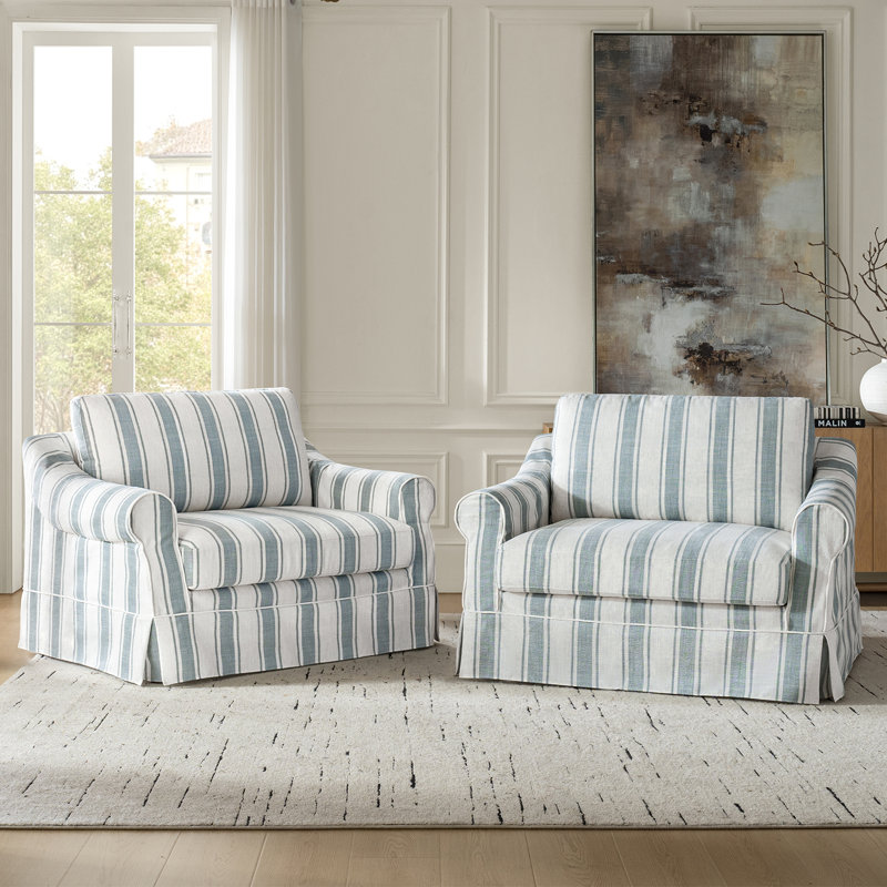 Estevan 50.75"W Farmhouse Slipcovered Oversized Armchair with Feather Blended Cushion (Set of 2), Blue Stripe