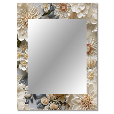 Yunfei White Vintage Floral Lace Veil - Floral Unique Wall Mirror Decor, Cottage Large Mirror, Printed Metal Art