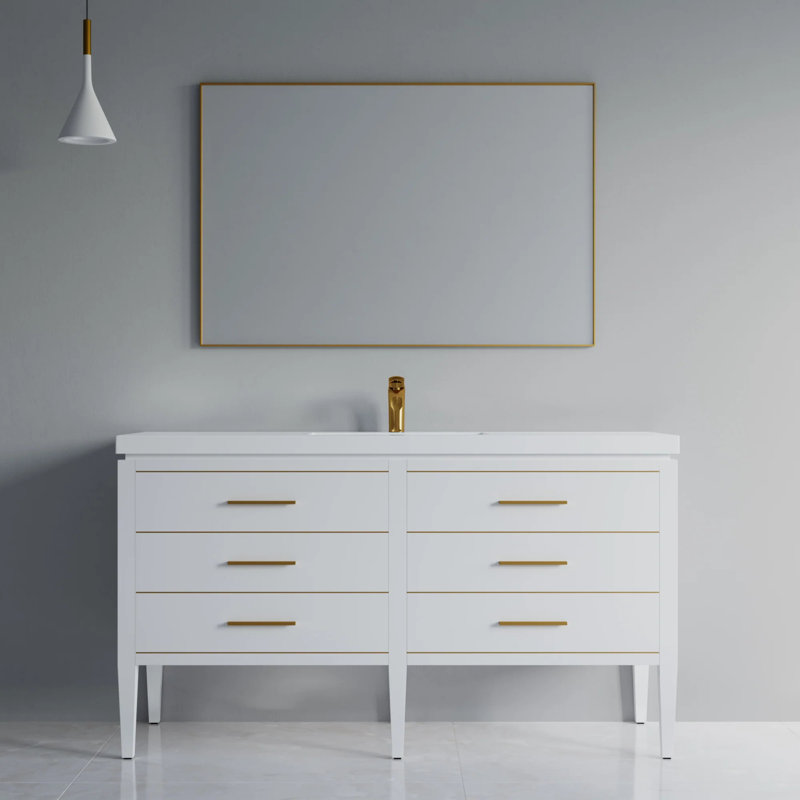 Alonsa 61" Double Bathroom Vanity with Resin Top, Blue/Brass, Single