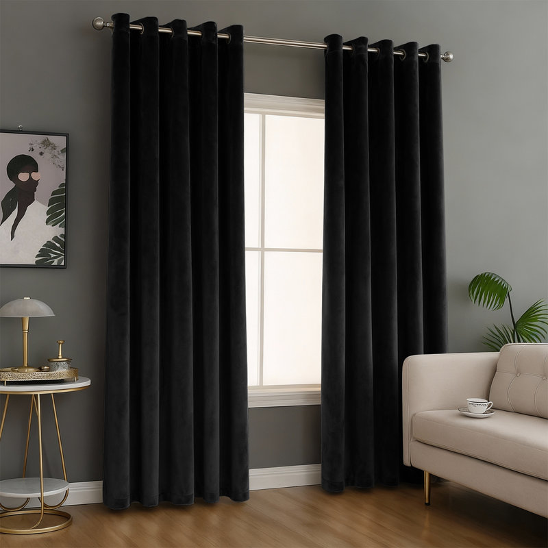 100% Velvet Curtains with Eyelets & Tie Backs, 228cm Width x 228cm Drop, Black