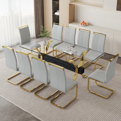 Aurora Luxe 79" Tempered Glass Dining Table Set with  Faux Leather High-Back Chairs - Modern Gold X-Base Design (Set of 9)