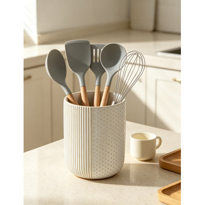 Ceramic Utensil Holder for Kitchen Countertop, Heavy Duty Utensil Crock Organizer for Spatula, Spoon and Whisk, Non-Slip Cooking Tool Storage Container, Modern Kitchen Decor