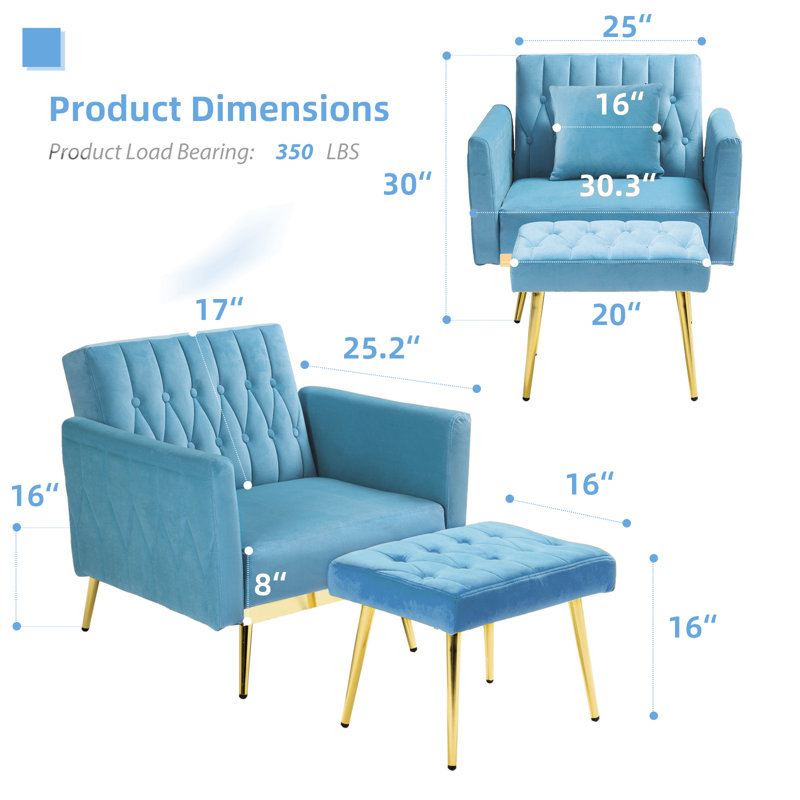 Siemon Velvet Accent Chair with Ottoman, Baby Blue Velvet