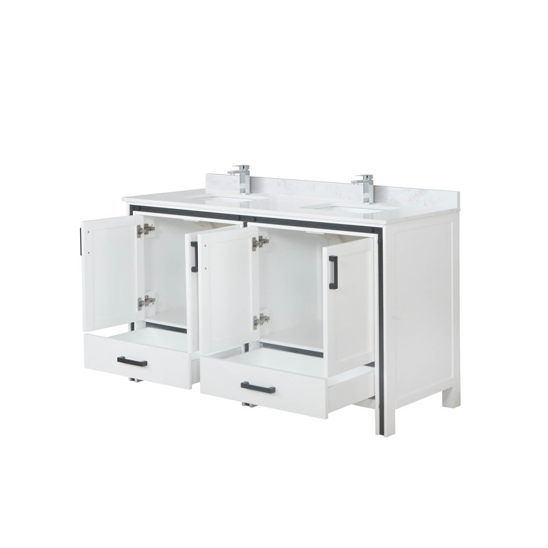 Ensemble de meuble-lavabo double l 60 po x P 22 po avec plateau blanc et robinet chromé Ziva, Blanc, Marbre de culture blanc