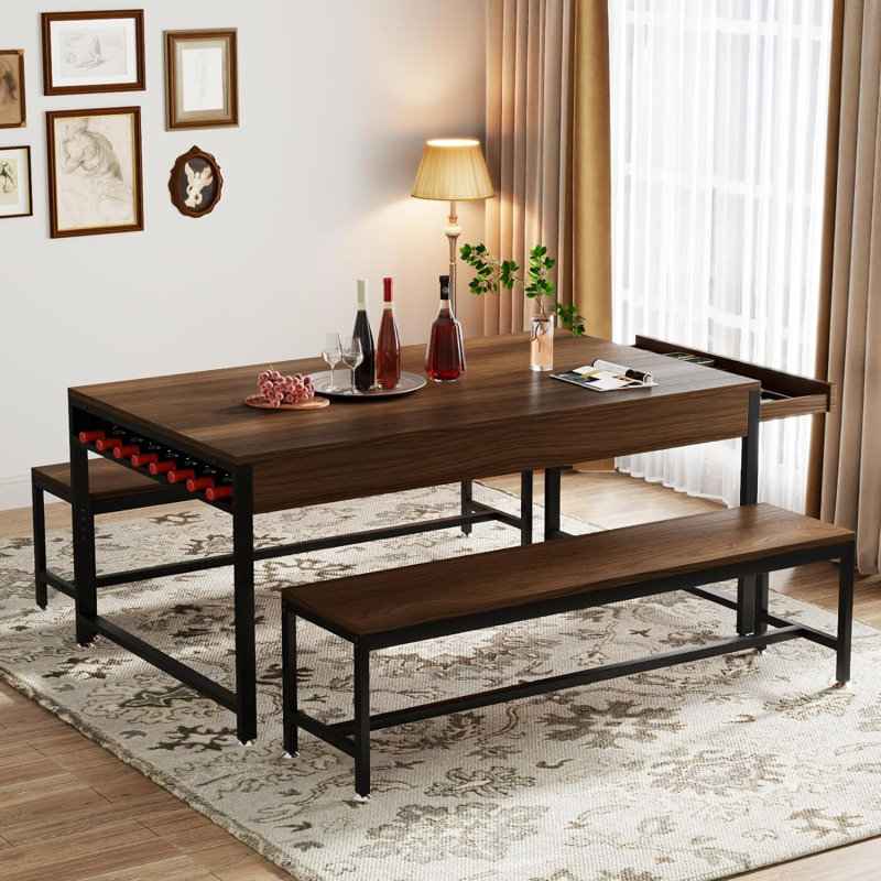 Walnut 63'' Dining Table Set with Benches and Wine Rack