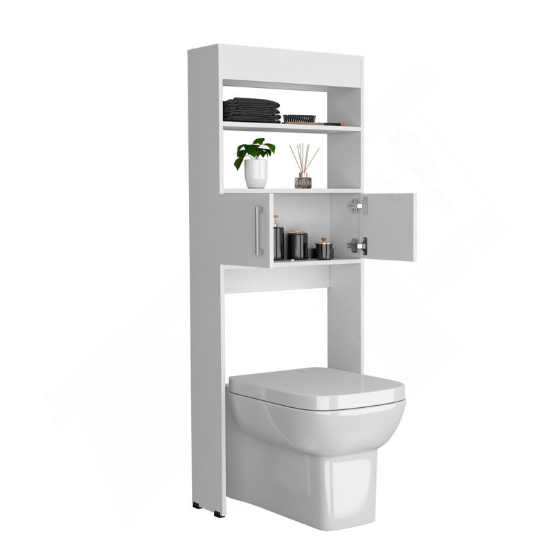Au-dessus de l'armoire de toilette, double porte, deux tablettes blanches