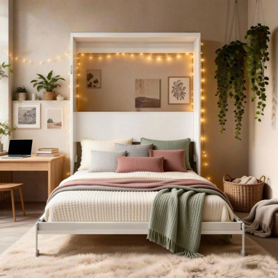 Diy Cabinet Queen Size Desk Wall Bed Mechanism With Desk Panel,White Panel And Grey Bed Frame