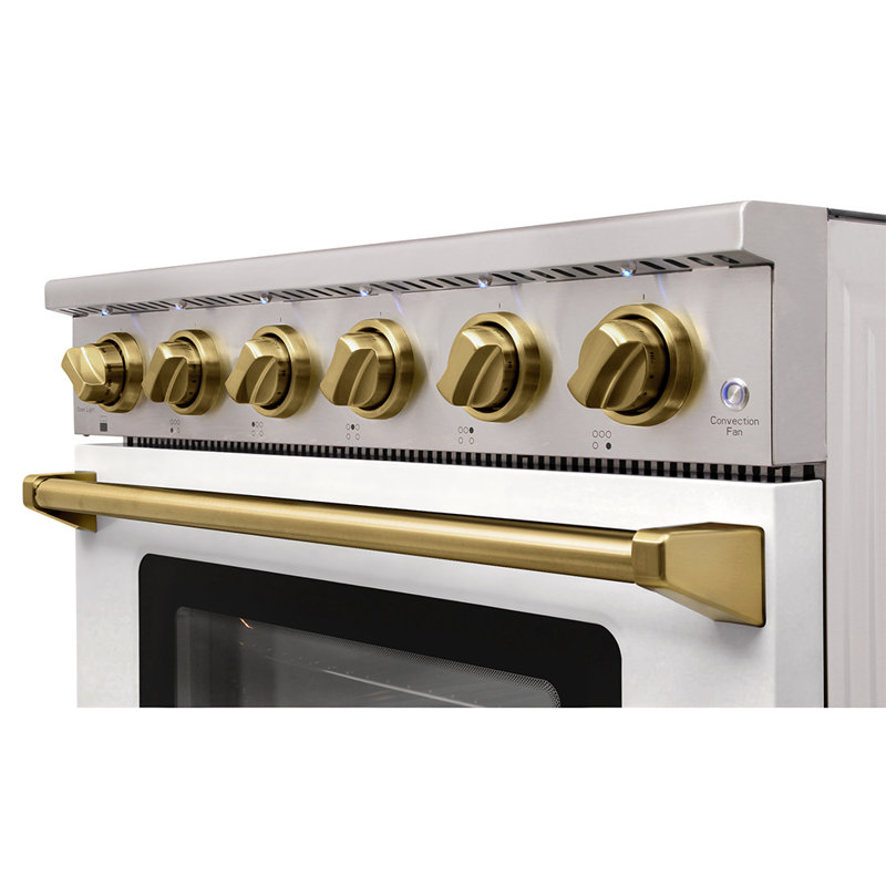 Plaque de cuisson électrique professionnelle de 36 po avec 5 éléments chauffants, capacité de 6 pi³ de la cuisinière Kostch, surface de cuisson en verre lisse blanc avec détails bronze