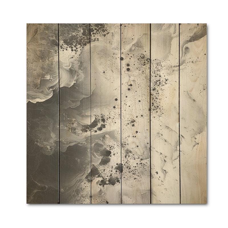 Abstract Cream And Black Liquid Paint I - Coastal Wood Wall Art On Natural Pine Wood, 15" H x 15" W