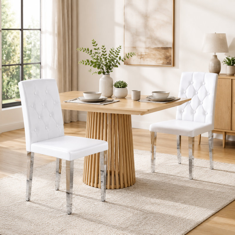2-pack Pu Leather Dining Chairs, Tufted Upholstered, Silver Metal Legs, White, For Kitchen & Dining Room, White