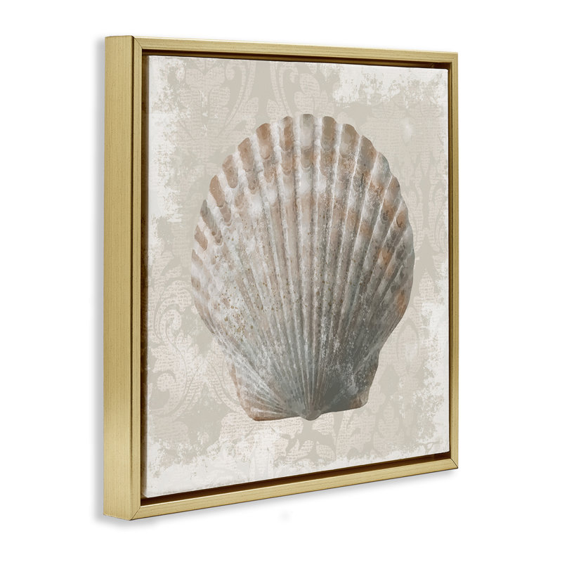 Coquille de palourde sur motif rétro, H 18 po x l 18 po, Cadre flottant métallique doré