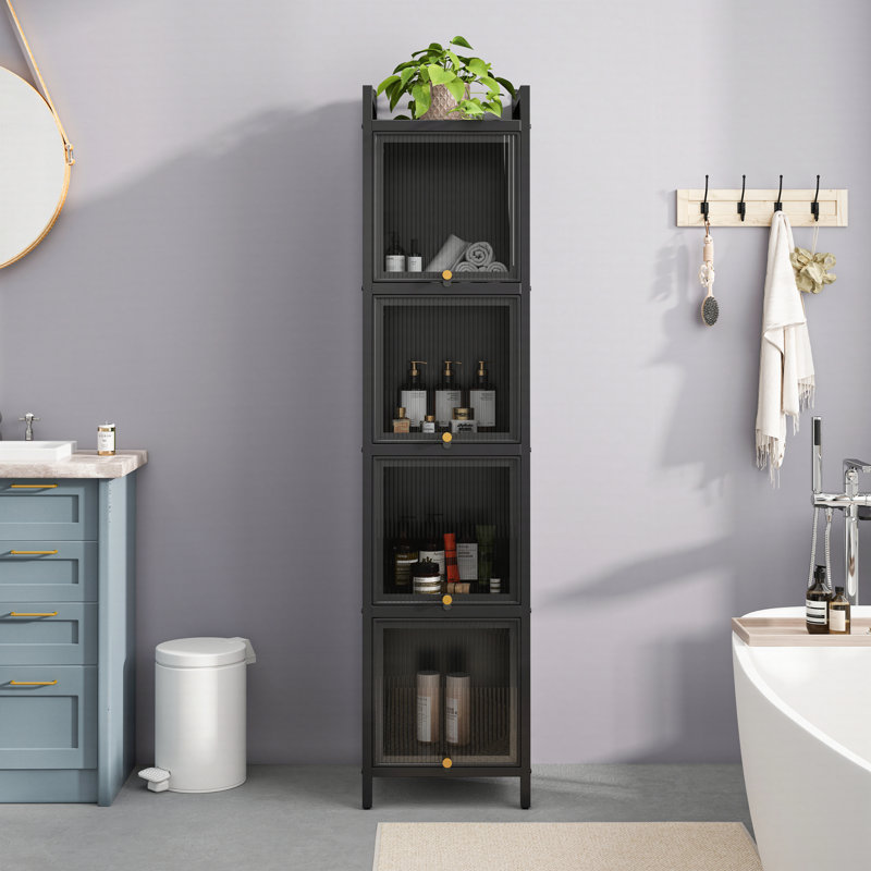 Modern Four-Tier Glass Door Cabinet With Featuring Five-Tier Storage, Black