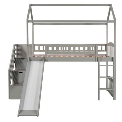 Lit mezzanine simple avec glissoire et 2 tiroirs de rangement - lit pour chambre d'enfant, mobilier de chambre gris
