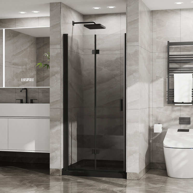 34"x 72" Bifold Frameless Glass Shower Door 1/4 inch Tempered Clear Glass Pivot Swing Shower Panel in Black Finish, Foldable