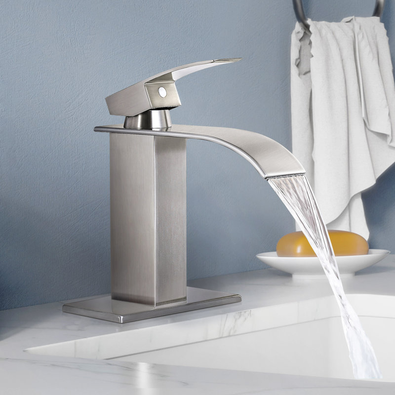 HGN Waterfall Spout Bathroom Sink Faucet Stainless Steel without Pop-Up Drain, Brushed Nickel