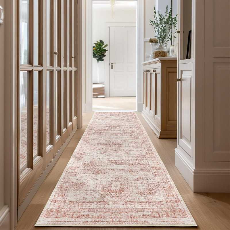 Vintage Distressed Non Slip Washable Rug(Pink), Runner 2' x 10'