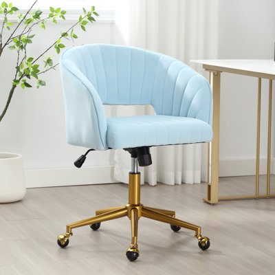 Velvet Desk Chair with Wheels, Home Office Swivel Armchair with Gold Base, Back Incline Adjustable for Vanity Make-up