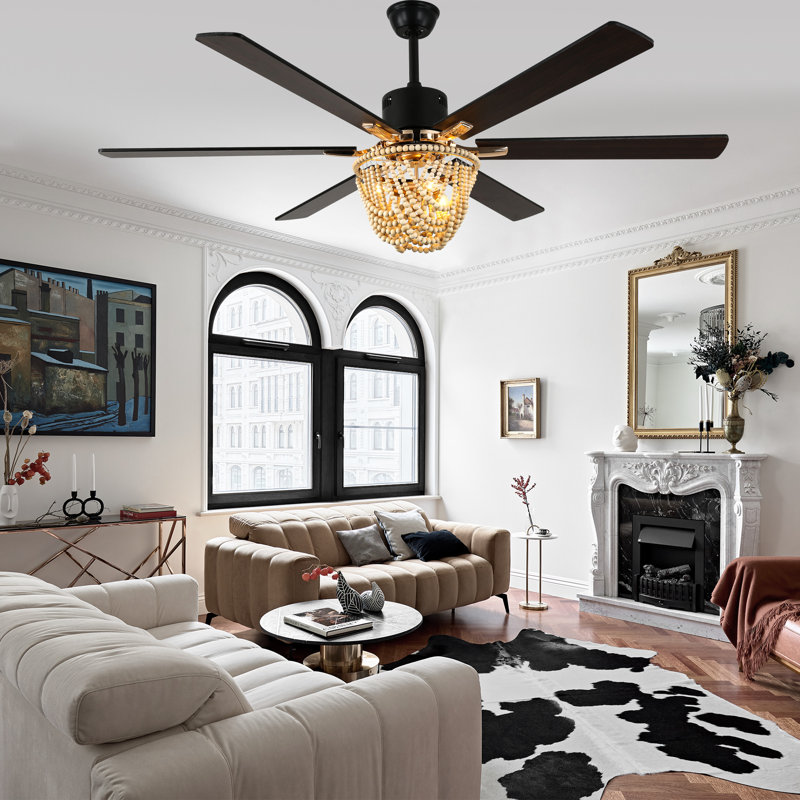 Grand ventilateur de plafond noir 65 po avec ensemble d'éclairage et moteur réversible à 6 vitesses Bohemia