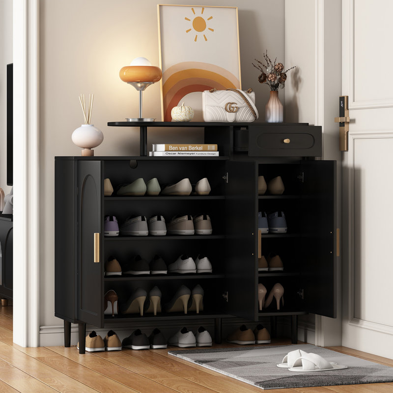 On-Trend Elegant Shoe Cabinet With Arched Doors And Drawer, Black