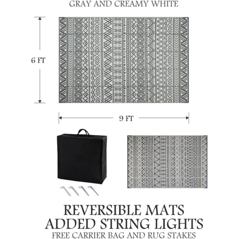 Tapis intérieur / extérieur gris en polypropylène à motif géométrique 6 pi x 9 pi