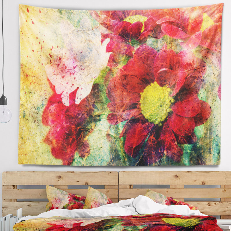 Tapisserie fleurs rouges et éclaboussures d'aquarelle, H 78 po x l 92 po