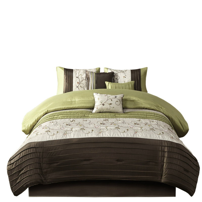 Édredon 7 pièces pour très grand lit - Design 100% broderie ornementale comprenant un édredon, des taies décoratives, des coussins décoratifs et une jupe de lit