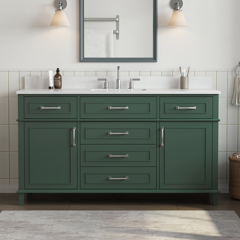 Ensemble de meuble-lavabo simple autoportant avec plateau en pierre d'ingénierie Allendale, 60"