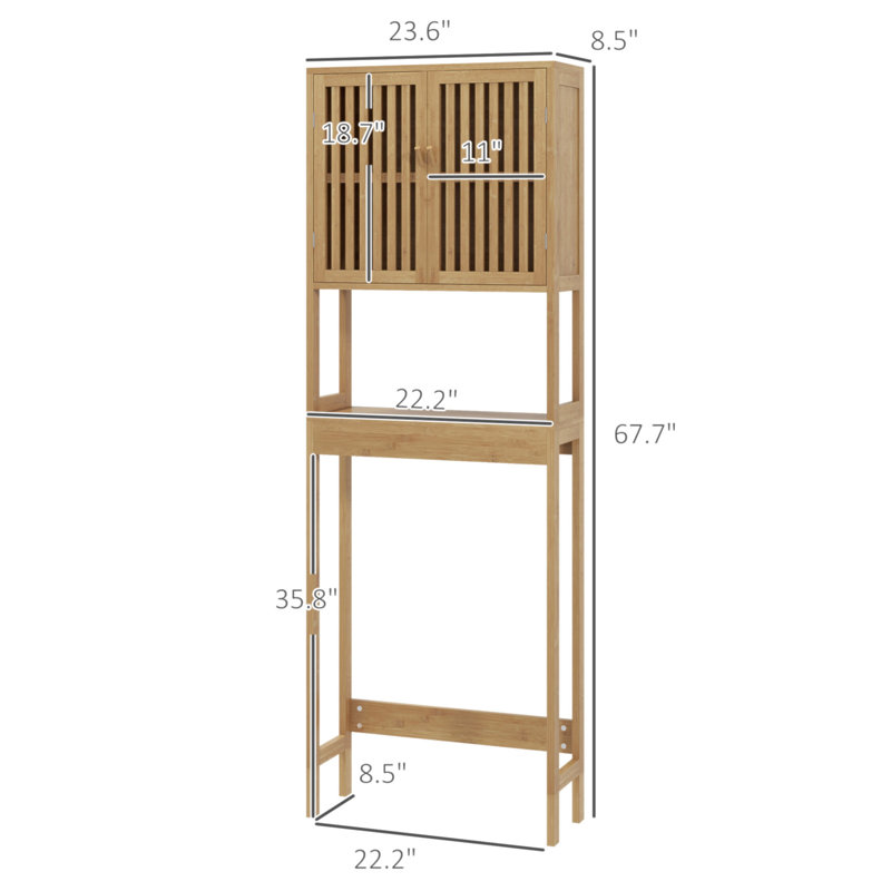 Bamboo Over The Toilet Storage Cabinet, Over Toilet Bathroom Organizer With Slatted Doors, Adjustable Shelf And Open Shelf