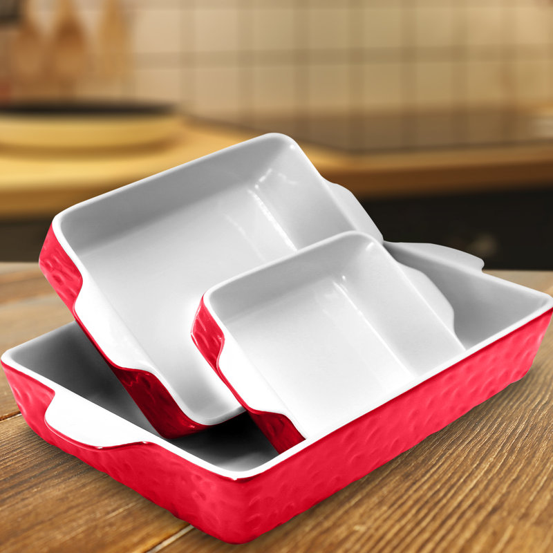Red 3-Piece Rectangular Ceramic Bakeware Set with Non-Stick Coating