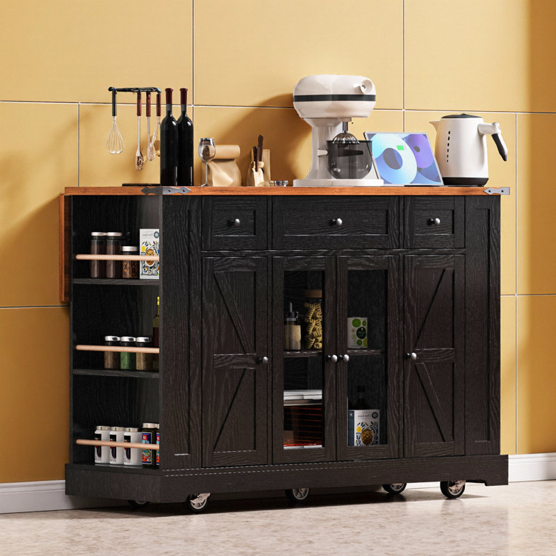 53-Inch Farmhouse Kitchen Island with Power Outlet, Drop Leaf, and Locking Wheels, Black