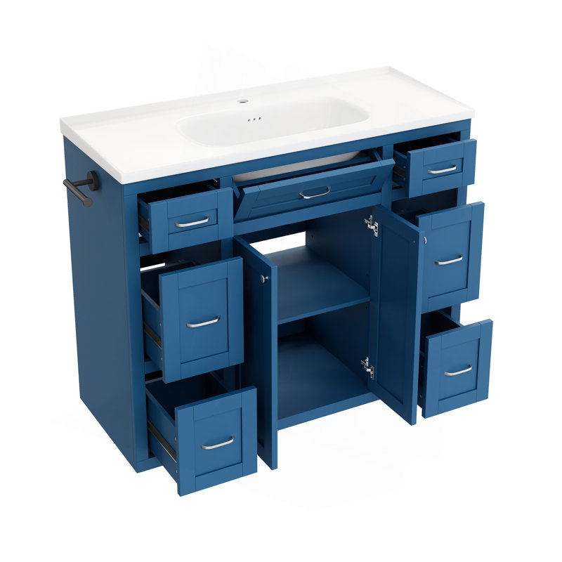 Meuble-lavabo bleu marine 48 po avec lavabo en céramique - 6 tiroirs (3 de chaque côté), tiroir central rabattable, portes doubles à fermeture en douceur, porte-serviettes latéral réversible, poignées argentées, panneau de fibres à densité moyenne