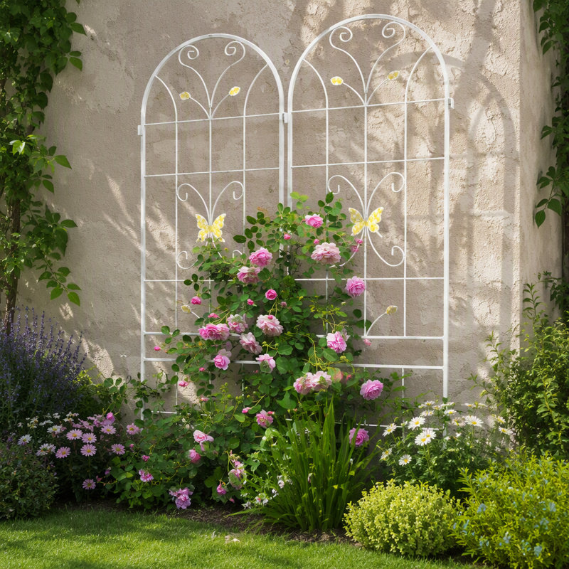 Ensemble de 2 treillis de jardin en métal 86,7 po antirouille pour plantes grimpantes, Blanc, crème, H 86,74 po x l 80,04 po 