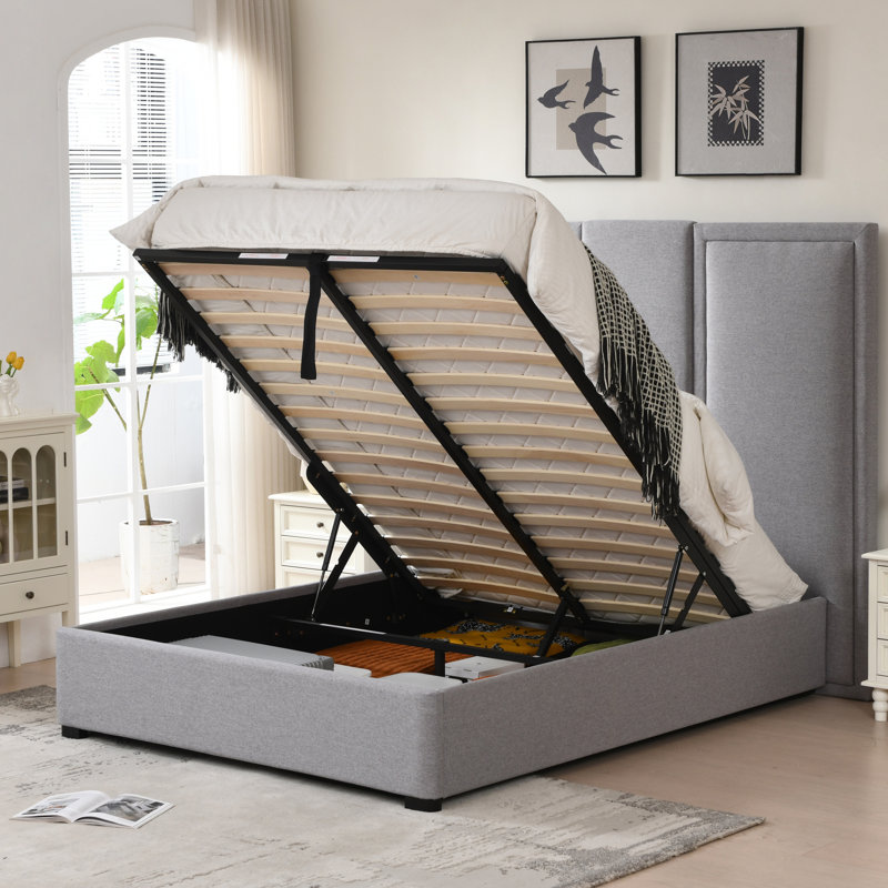 Upholstered Storage Bed With Oversized Headboard, Gray, Queen