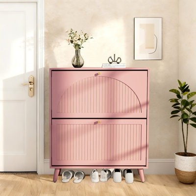 16 Pair Shoe Cabinet With 2 Flip Drawers And Adjustable Shelves, Freestanding Shoe Storage Organizers With Fluted Arched Pattern