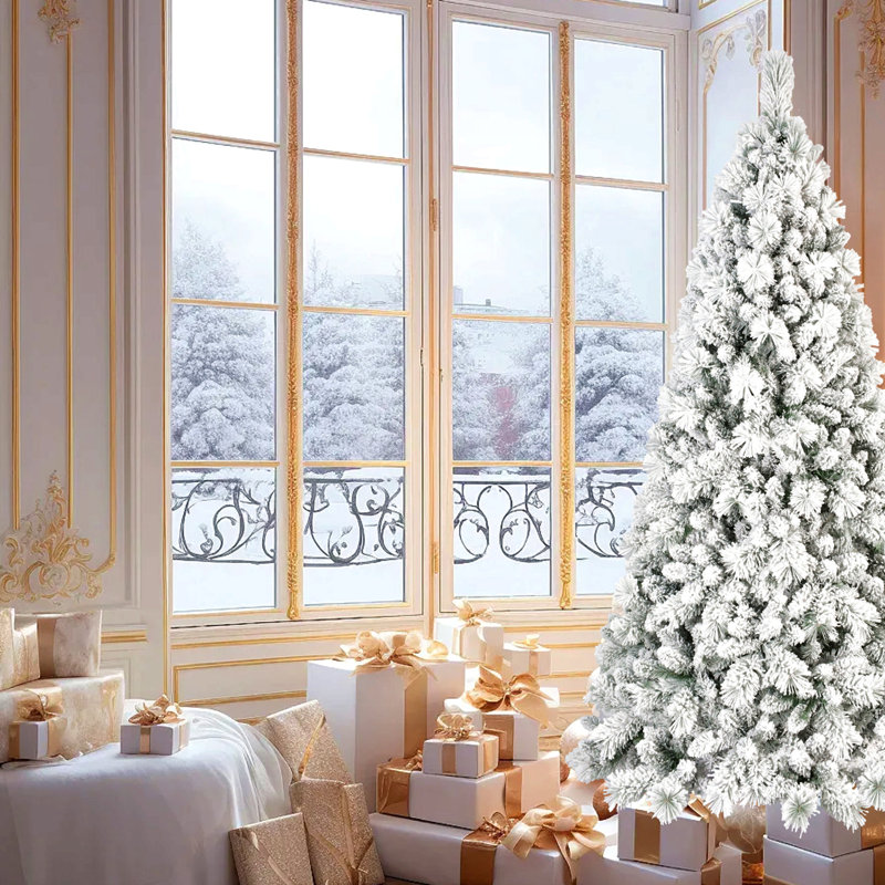 Arbre de Noël floqué avec lumières à DEL blanc chaud, branches en PVC enneigées et aiguilles pointues, conception à charnières pour une installation facile, support en métal robuste - arbre de vacances complet et réaliste