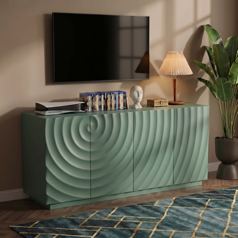 Meuble télé moderne et console multimédia avec armoire de rangement à 4 portes, portes texturées 3D et tablettes réglables