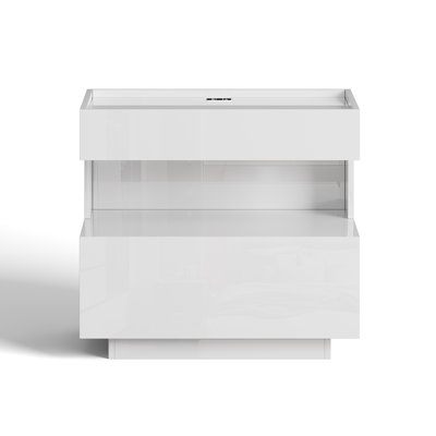 Modern LED Bedside Table with Motion Sensor Light, High Gloss Nightstand with Open Shelf and Drawer