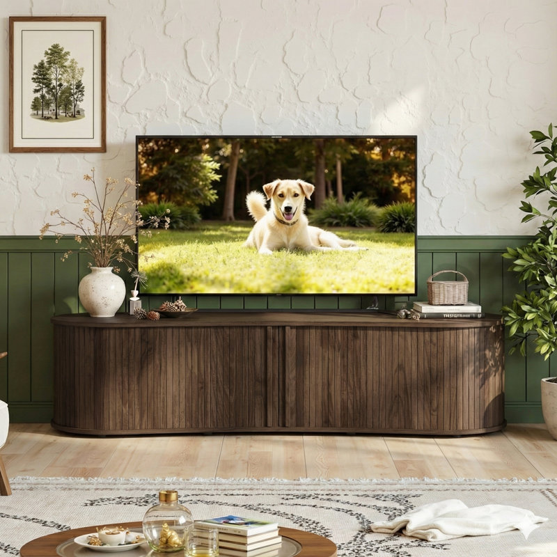 Aurel Buchheit Modern 59.1" Fluted TV Stand With Open Storage And Sliding Door, Brown
