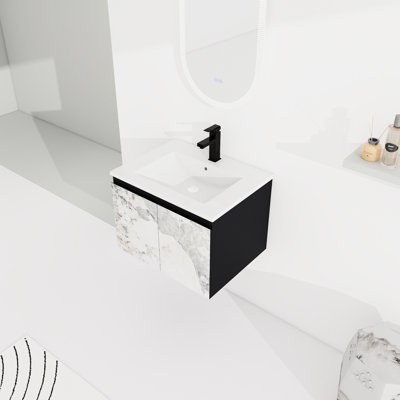 Wall Mounted Bathroom Vanity 24''. Ceramics Sink. Door. Black. Modern. Plywood. Substantial Space For Equipment Modern Black Plenteous Items