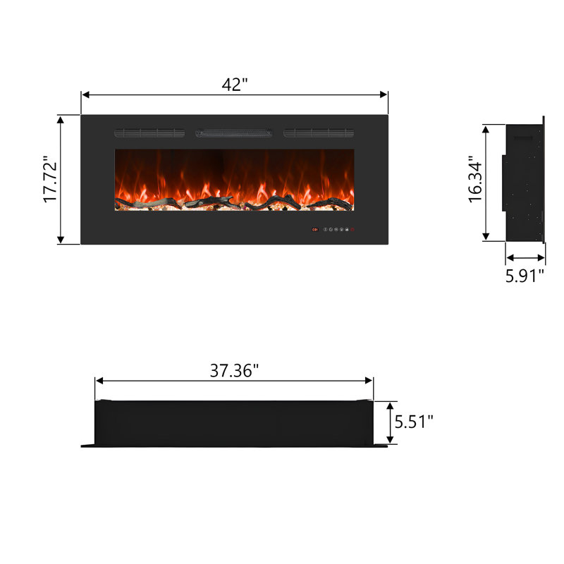 Recessed and Wall-mounted Electric Fireplace Inserts With 13 Flame and Fuel bed Colours, 750/1500W, Timer