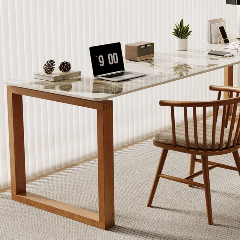 Bureau brun en pierre frittée rectangulaire et bois massif, H 29,53 po x l 70,87 po x P 23,62 po, Brun