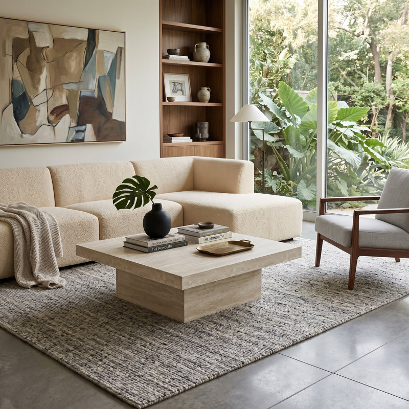 Caomhan Block Coffee Table, Travertine, 12.2" H x 35.4" L x 35.4" W