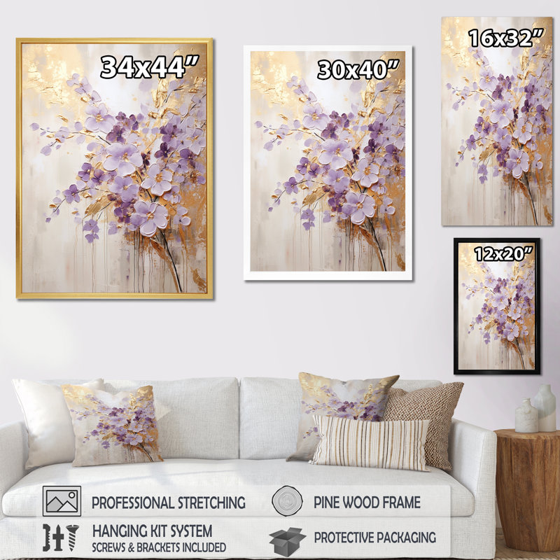 Mauve et or orné de violettes, pré IV - art mural Violettes, Cadre flottant doré, H 20 po x l 12 po x P 1 po