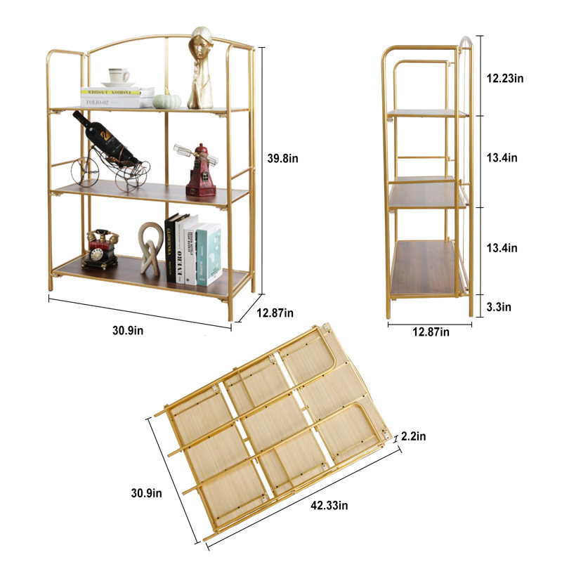 Bibliothèque étagère pliante sans assemblage Lejon, (3 tablettes) H 39,8 po x l 30,9 po x P 12,6 po, Or