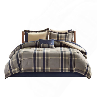 Comforter Set Twin Size, Twin Plaid With Bed Sheets, Modern Navy & Taupe Design For Cozy & Stylish Bedrooms