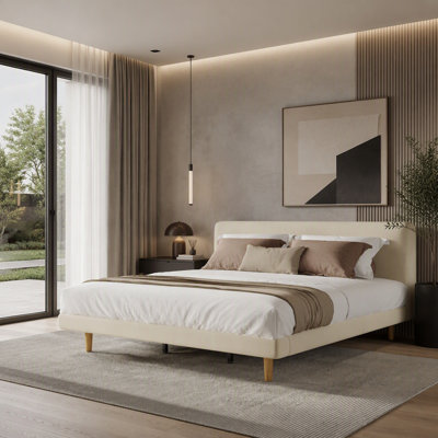 Beige Chunky Headboard Bed Frame, Solid Rubberwood Legs