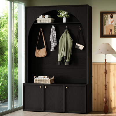 Farmhouse Hall Tree with Bench & Adjustable Shelves — Arched Entryway Organizer with 3 Cabinets, 4 Gold Hooks, Shoe Storage & Anti-Tip Hardware for Mudroom, Hallway, Entry