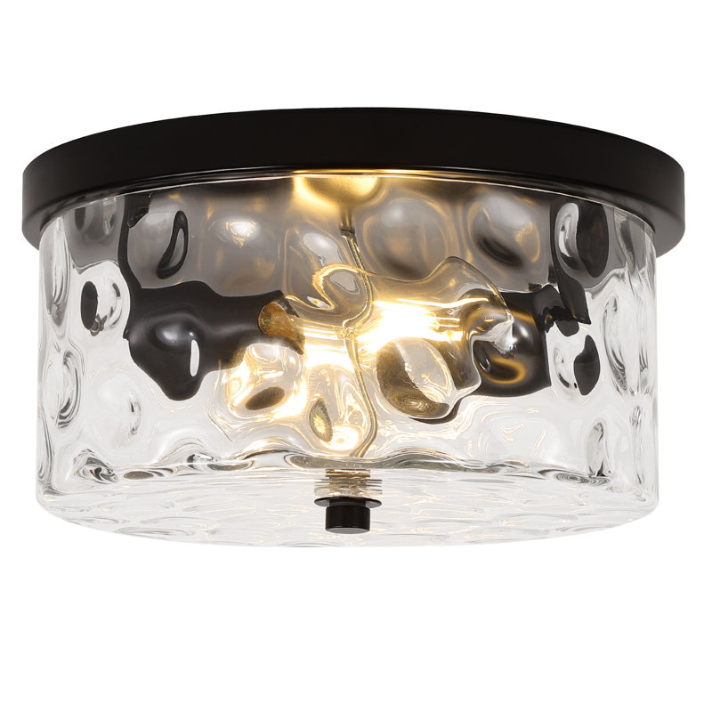 Alixandra 2-Light Flush Mount Ceiling Light With Clear Hammered Glass, Matte Black, 11.81" L x 11.81" W x 5.9" H